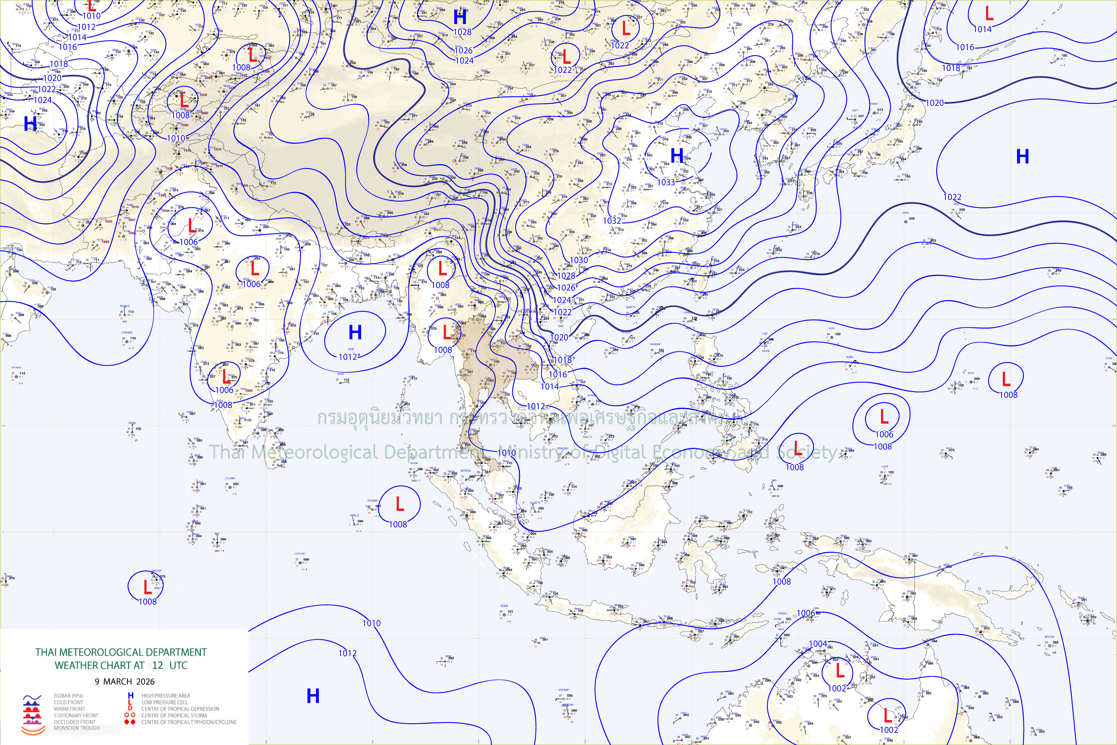 แผนที่อากาศผิวพื้น 9 มีนาคม 2569 19:00