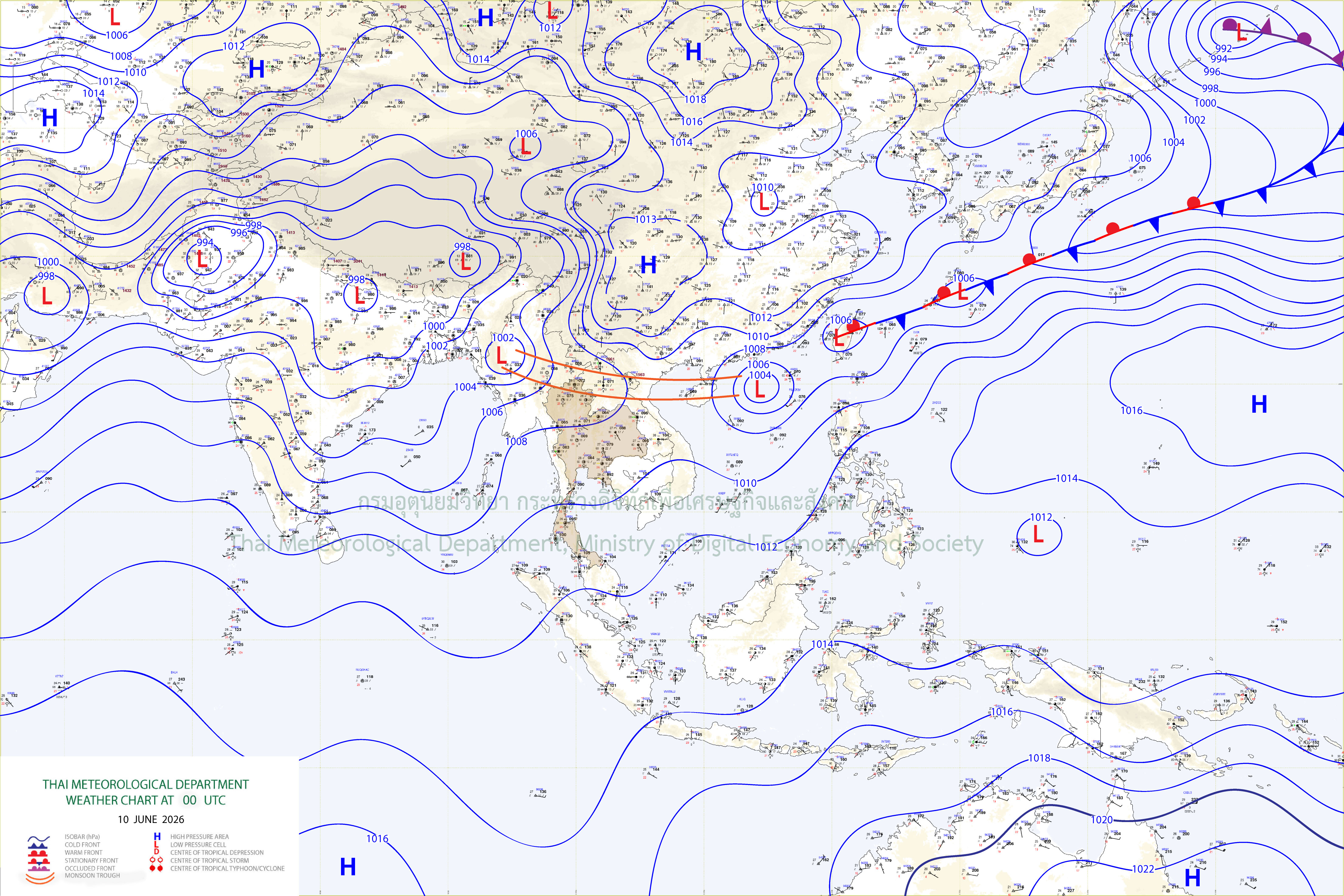 แผนที่อากาศผิวพื้น 10 มิถุนายน 2569 07:00