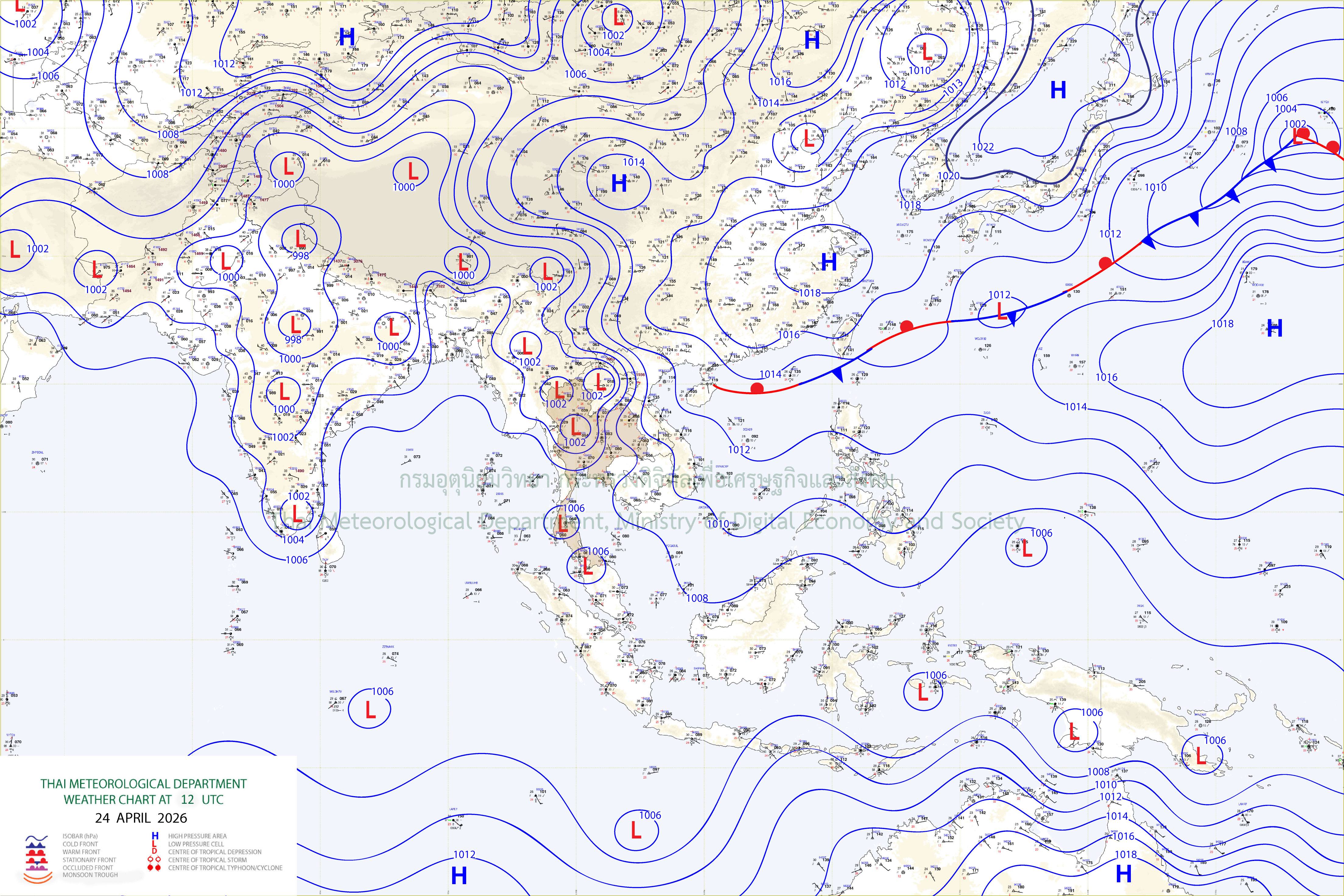 แผนที่อากาศผิวพื้น 24 เมษายน 2569 19:00