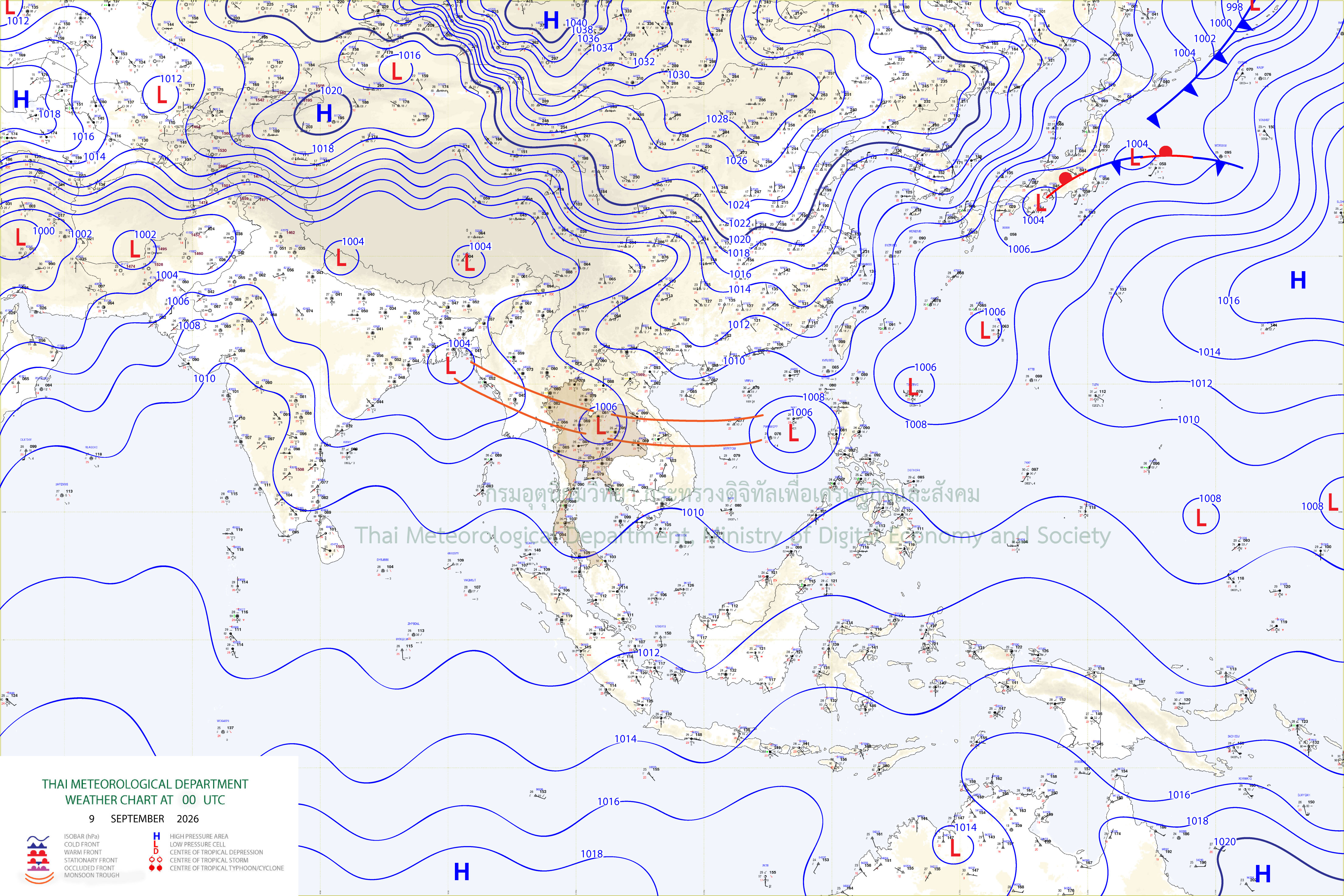 แผนที่อากาศผิวพื้น 9 กันยายน 2569 07:00